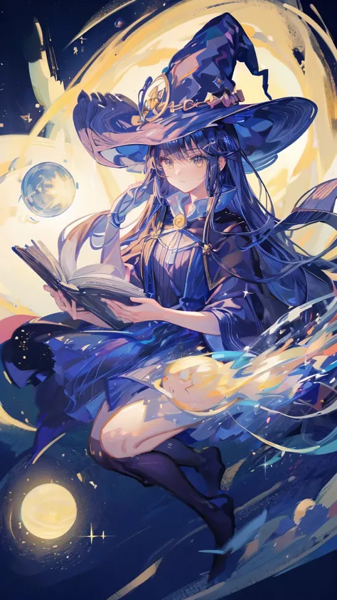 ((magic使いの女の子:1.5)), Full body shot，perfect face, beautiful face, highly detailed face，(blue long hair_yellow eyes:1.3)，(witch hat:1.3)，Witchs broom，magicの杖，book of magic，night sky，たくさんのstar，shine，Light，smile，magic，Sparkling，月Light，starの粒，star々，moonlight，流...