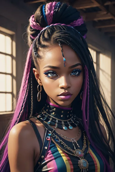 t: ((masterpiece)), ((best quality)), 8k, high detailed, ultra-detailed, photo, indoor,xsfashion, 1girl, punk fashion, AFRICAN AMERICAN, make up, rainbow makeup, (dreamy expression), long hair, capturing the ethereal beauty of nature and fashion, 