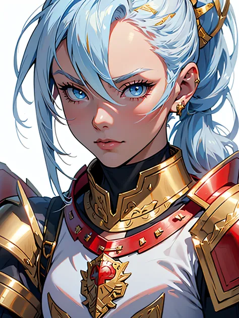 medieval anime art, masterpiece, best quality, by professional artist, female, solo, upper body portrait, detailed composition, detailed eyes, (((white background))), light blue hair, light blue eyes, ponytail, serious face, (((wearing red and gold armor))...