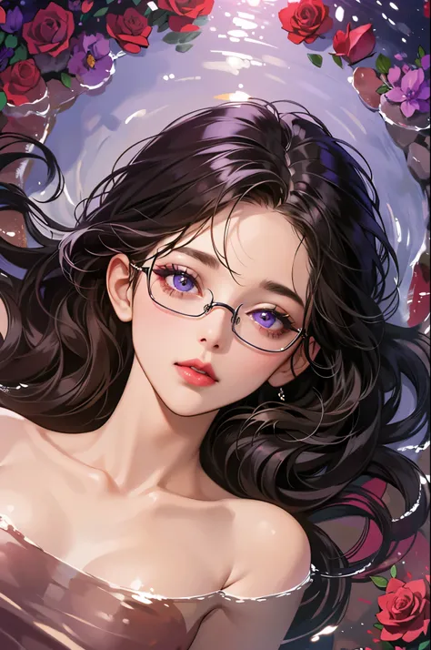 ((masterpiece, best quality)), highly detailed, UHD, HDR, 8K, 1girl,  AFRO (NOT STRAIGHT HAIR), black hair, black eyes, light brown skin. Long thick eyelashes, semi-realistic,  glasses, bokeh, AFRICAN American, extremely small breasts, BROWN SKIN, laying d...