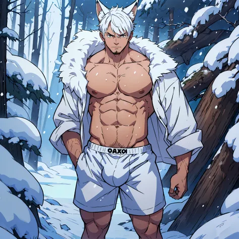 anime guy with white hair and fox ears and collar, (the whole body), young guy, hair with modern bangs, masculine but young, No beard, wearing white boxer shorts , (the whole body on display), big bulge in underwear , in a snowing place, trees with snow in...