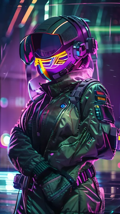 (good structure),high dynamic range,ultra high definition,8k,1 girl,blurred background,cyberpunk protective clothing,cyberpunk protective helmet,Glowing helmet,Neon lamp,neon color,oblique body,night,Mask screen reflections,depth of field,Upper body,cyberp...