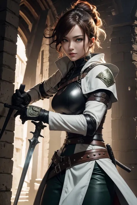 8K,Sexy medieval demon slayer wearing a white coat over a combat bondage outfit,Super beautiful(like the real thing),green eyes,Big eyes,green mohawk hair,black combat bondage pants,carry a long, large sword on one&#39;s back,fearless smile,detailed hazel ...