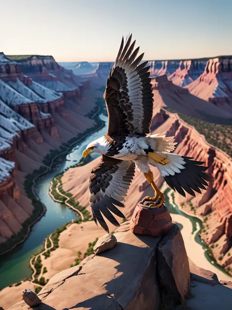 ((Eagle bird:1.5)), ((perfect meticulously detailed hyper-realistic:1.3, flying over the Colorado Grand Canyon:1.5)), ((magical atmosphere:1.3)), ((Imaginative scene)), ((full shot: 1.4)), ((best quality)), ((masterpiece)), 3D, (hyper-detailed: 1.3), ((top...