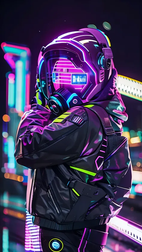 (good structure),high dynamic range,ultra high definition,8k,1 girl,Backpack,cyberpunk protective clothing,cyberpunk gas mask,cyberpunk protective helmet,Glowing helmet,Neon lamp,neon color,blurred background,Color difference,glowing mask screen,night,side...
