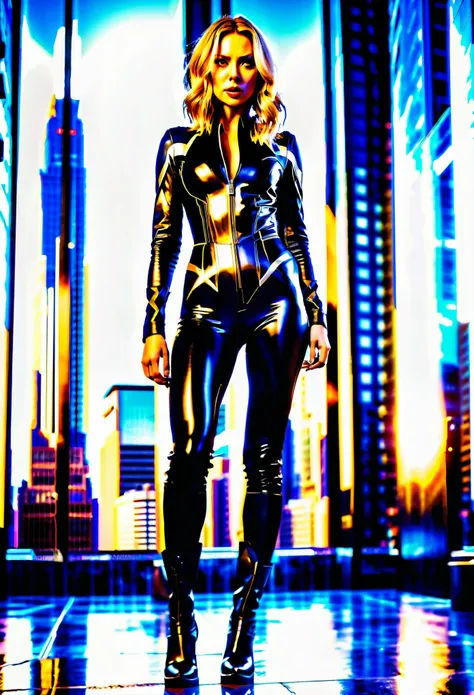 Cinematic shot of A black widow blonde from a movie about the avengers, she stands proud and ready to defeat enemies The woman has a slender feminine athletic figure, dressed in a black tight-fitting leather jumpsuit, shoulder-length blonde hair, and is we...