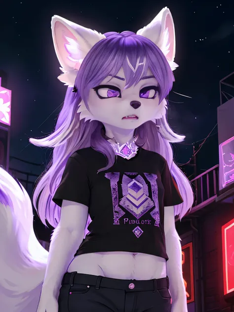 (a short female white fox furry with white fur, violet eyes, long lilac hair,white fur,violet octaheadron crystal on neck, black fur on ears), red lights, small breasts, curvy, angry, growling, t-shirts, pants, in night city