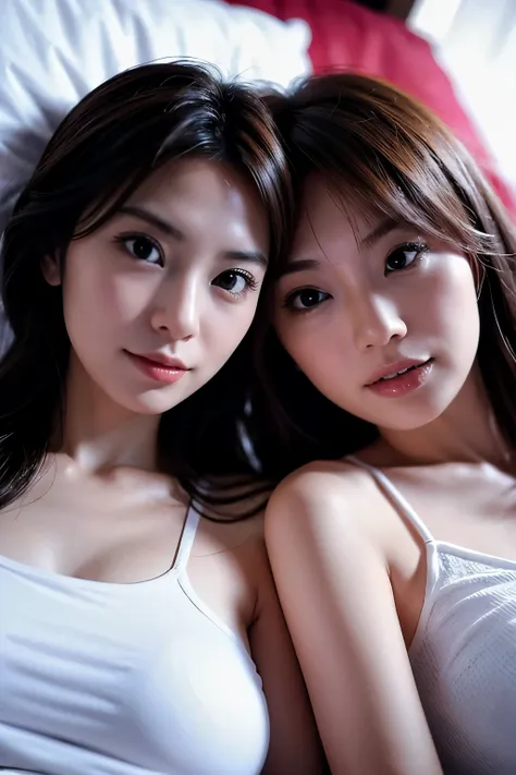 two hong kong female close friends, 30 years old, slim, hug, sleeping in bed together, look at camera, closeup photo, white t sh...