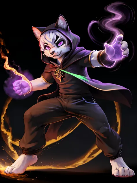 (A huge male black cat furry), hoods,training pants, black&violet eye, white short hair, white fur on nose, laminating eyes, magic, casting a spell, warlock, angry,dynamic pose,magnificient pose