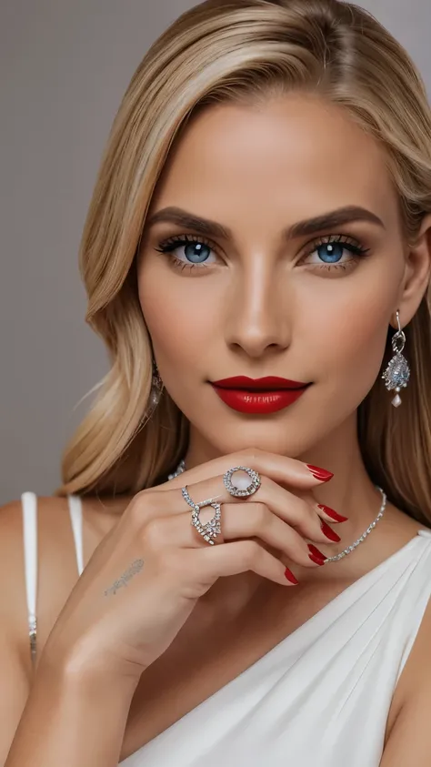 30 year old blonde american woman showing long red nails and red lipstick holding hands with rings, pedras preciosas for eyes, red joia, photo of a hand jewelry model, jewelry, wearing joia, joia photography, usando joias elegantes, usando joias, joia, jew...
