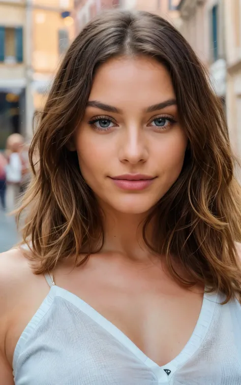 Belle brune aux reflets blonds portant un pull beige (pose in rome, 22 ans, visage innocent, natural wavy hair, yeux bleus, High resolution, masterpiece, Best quality, intricate high detail, highly detailed, mise au point nette, detailed skin, realistic sk...