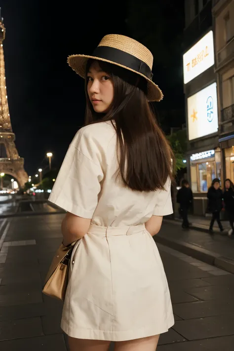 a typical japanese girl, 20 y.o., cute face, with a little european facial features, walking near Eiffel tower in Paris, night, city lights, view from the back, a big hat, sunbeams