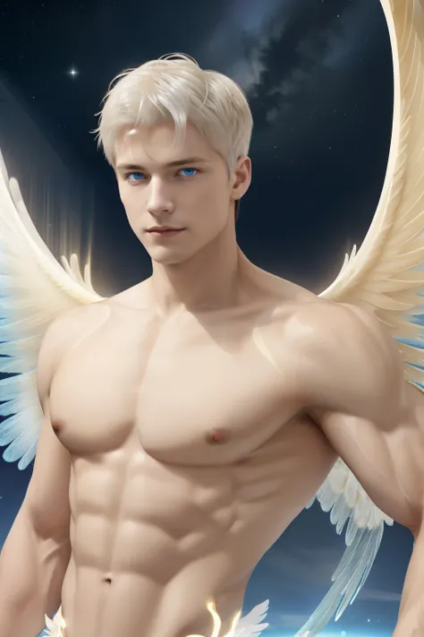 (close-up:1.5),muscle,menstoga,in white and gold costume, male focus, solo, 1boy, (bare shoulders),looking at viewer, ice blue eyes,nude,(Seraphim:1.5), (multiple wings:1.5), in the sky, (floating:1.3), (midair:1.5), cloudan with wings), angel wings, glowi...