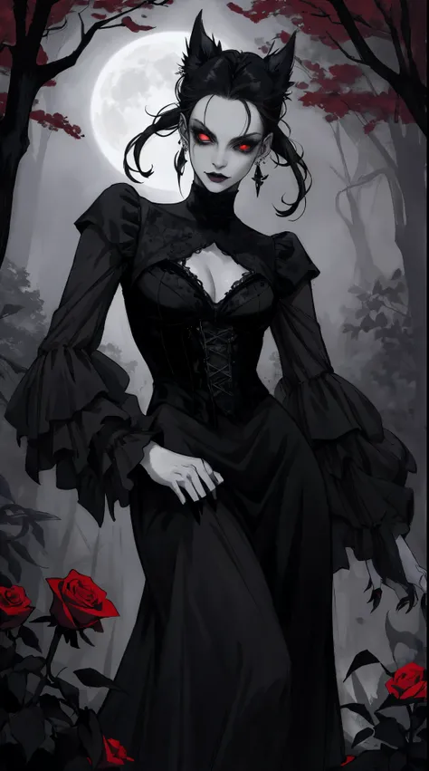 (best quality,highres:1.2),dark and mysterious,detailed black clothing,gothic makeup,black lipstick,pale skin,smoky eyes,long black hair,sharp fangs,red eyes,vampire-like appearance,expressive and piercing gaze,earrings and piercing in the ears,standing in...