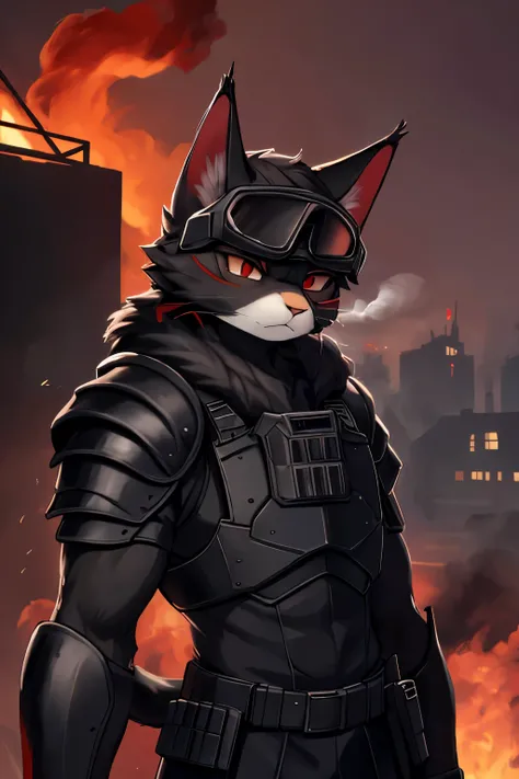 (high-res masterpiece)) , ((best quality)), illustration, furry, 
cat, animal ears, tail, bodyfur, black fur, 1guy, upper body, 1guy solo, adult *//*, red eyes, red NVGS goggles *//*, black full-body elite military light armor, looking at top-left, uneasy ...