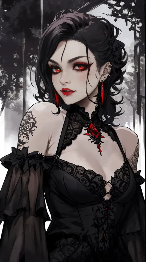 Beautiful gothic girl showing her fangs,ojos rojos,piel palida,labios rojos y carnosos,pendientes y piercing en las orejas,pelo largo,ojos expresivos,(realista),bosque tenebroso