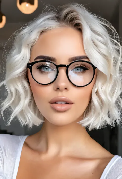 Chica de lentes ,pelo corto,tipo de pelo  ondulado ,blanquita,con ojos grandes , desnuda