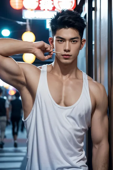 japanese male male model, big muscles, handsome, cool, smoothly combed hair, pierced ears, wearing a loose tank top, holding a l...