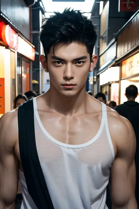 japanese male male model, big muscles, handsome, cool, smoothly combed hair, pierced ears, wearing a loose tank top, holding a l...