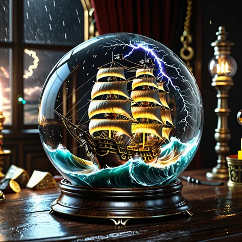 A pirate ship above stormy waves and under striking lightning inside a huge glass ball, close-up, full frame, photorealism, hyperrealism, highest quality textures and details, 8k, wide format, RGB 24 bit, volumetric artistic lighting, three-dimensional ren...