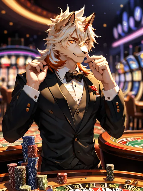 posted on e621, (by chunie), male, furry, hung (/arknights/) anthro, solo, orange eyes, (realistic eye details 1.2), casino, bla...