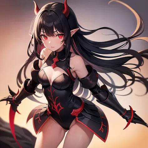 20 year old Girl. Demon. Elbow wings. Red horns. Pointed ears. Black hair. White skin. Light red eyes. Black semi revealing armor. Black gauntlets. Small 