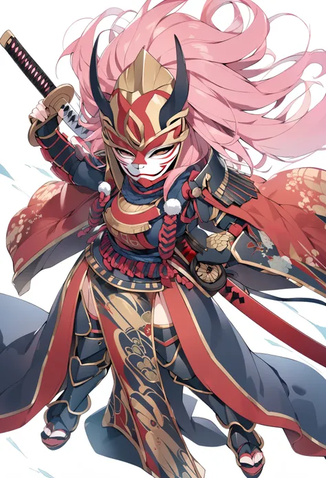 Girl, pink messy hair, hanya masked, full figures samurai armor, samurai helmet, wielding katana sword, white background 