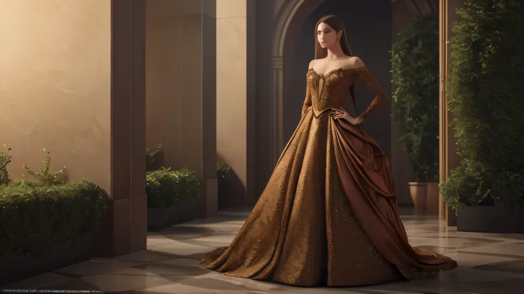 A model wearing a haute couture dress inspired by gingerbread cookies. Imagine a stunning floor-length gown made of rich, warm brown and red fabric that mimics the color and texture of freshly baked gingerbread. High Quality, rich details, 16k. Shot on a H...