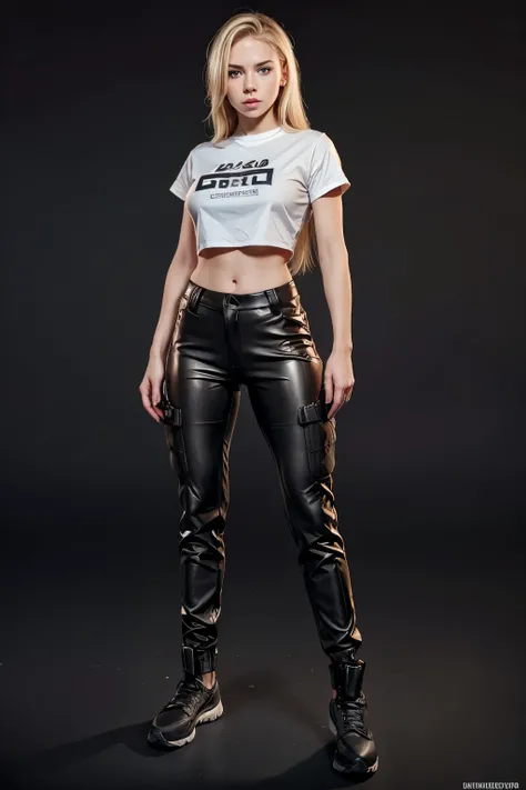 beautiful girl (face Alexia Thompson 01R) white skin, beautiful face, blonde hair. black eyes. standing. whole body. fitness. transparent t-shirt, black tactical pants. leather boot.