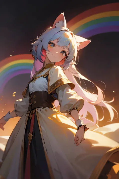 master piece, High Resolution, a cat girl, long rainbow colour hair, rainbow eyes, wearing noble cloths, medieval scenario, smiling