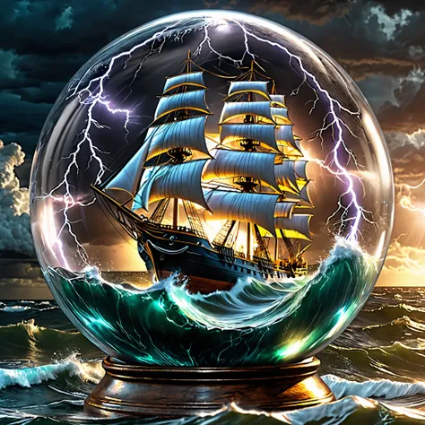 Ghost ship above the storm waves and under the beating lightning inside a huge glass ball, close-up, full frame, photorealism, hyperrealism, highest quality textures and details, 8k, wide format, RGB 24 bit, volumetric artistic lighting, three-dimensional ...