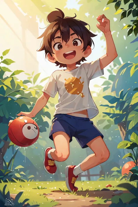 A young boy, dressed in a simple t-shirt and shorts, joyfully engages in a playful moment as he bounces a red rubber ball in a lush, vibrant garden. The sun casts warm, golden rays through the delicate leaves of the surrounding trees, creating intricate pa...