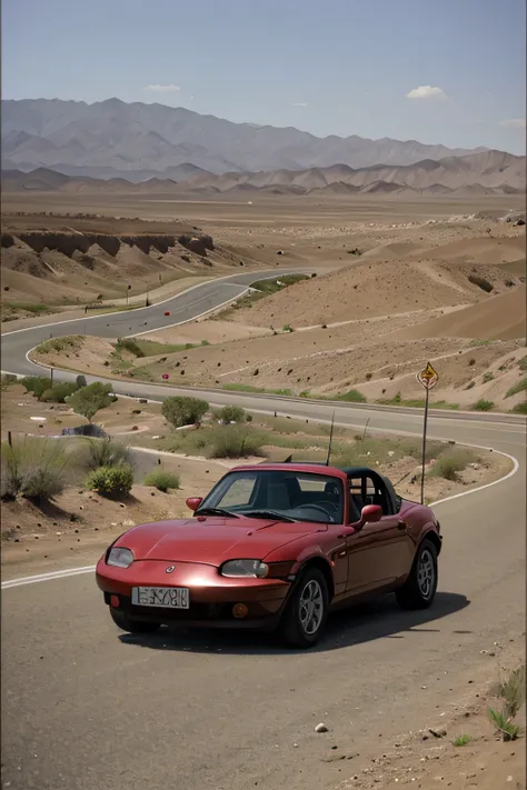 auto marca mazda, modelo mx5 1990, color rojo, con sus faros caracteristicos, corriendo en una carretera desertica