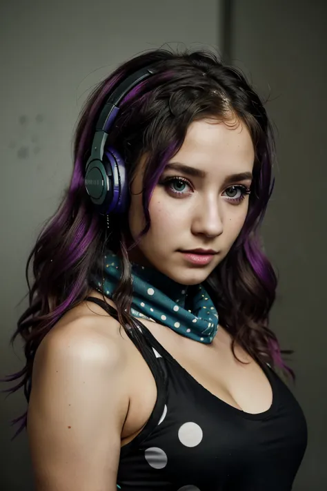 cyberpunk,tank_top,fishnets,headphones_around_neck,polka_dot_scarf,makeup flower,wavy hair,,diamond shaped pupils,