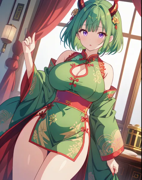 (masterpiece)(high quality)girl、whole body、green hair、purple eyes、big breasts、cinched waist、(red cheongsam with golden embroidery)、Beautiful leg lines、short hair、two big horns、slit、standing position