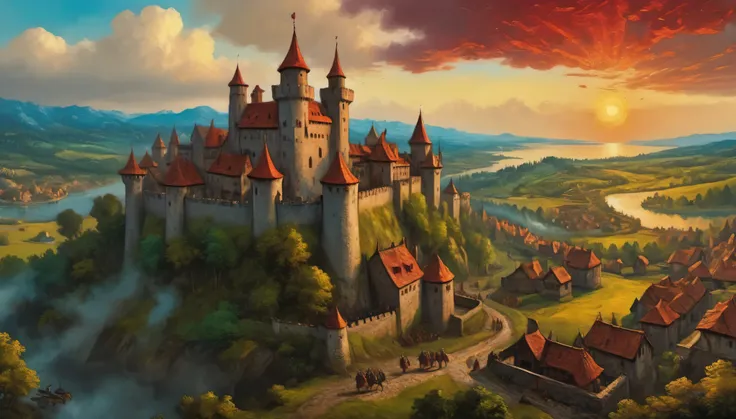 ((top air view)) war battle, Battle 15 century, castle siege in crimson sunset, village in fire, created ((in the style of Albrecht Altdorfer)), Renaissance, pin-dot art,((oil painting knife)), rainessanse older gradient, Complex details, intricate, aesthe...