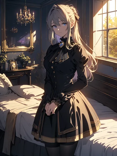 masterpiece, highest quality, (Highly detailed CG integrated 8k wallpaper), (highest quality), (Best Illustration), (best shadow), (Stable diffusion model), violet evergarden, sparkling, beautiful, victorian style bedroom, dynamic lighting, Depth of the bo...