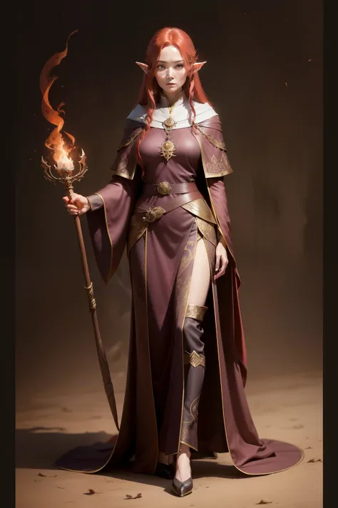 ModelShoot style，50-year-old middle-aged female elf、Alone、Tall and thin、Dark bronze robes、holding a wooden wand、Long red hair、enchanter