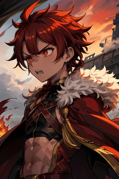 alexander fugo, 1 boy, fur-trimmed cape, crop top, face, crazy, angry, look away, squint, battlefield, red sky, fire, black smok...