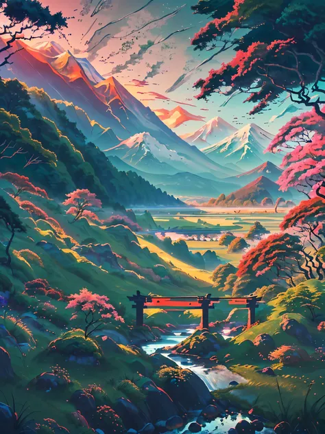 A Japanese valley unfolds with Mount Fuji in the background. Alongside vibrant grass, a slender road meanders, accompanied by the presence of tall trees, enhancing the serene beauty of the landscape.