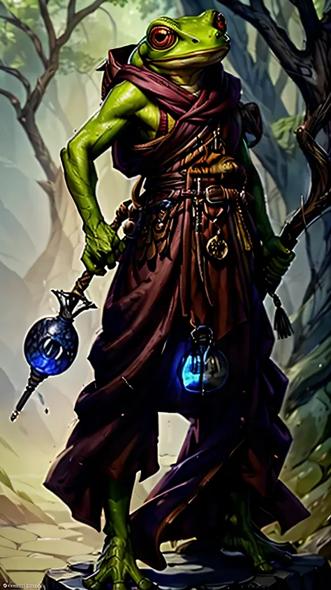 grippli, frog face, red eyes, tree frog, holding  long bo staff 7ft, monk clothes, baggy robes, potion bottles, bottles on belt,...