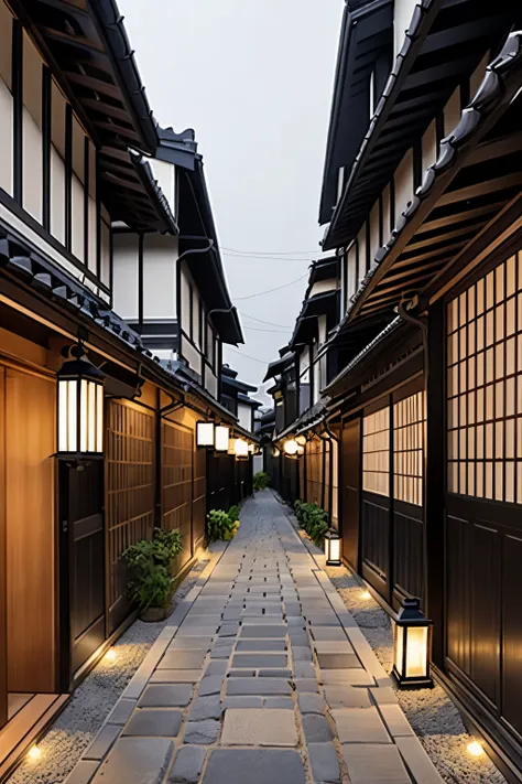 /imagine prompt: a narrow alley in kyoto, stone pavement, traditional wooden houses on both sides, early morning mist. lanterns ...