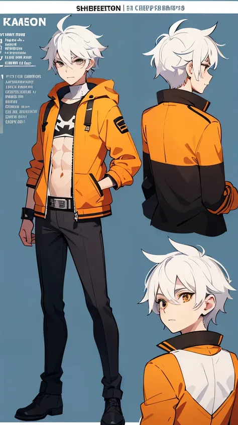 character reference sheet of a guy, teen, cute, happy, silver hair, white hair, showing abs, orange jacket, teen, sharp teeth, white backgrounds.