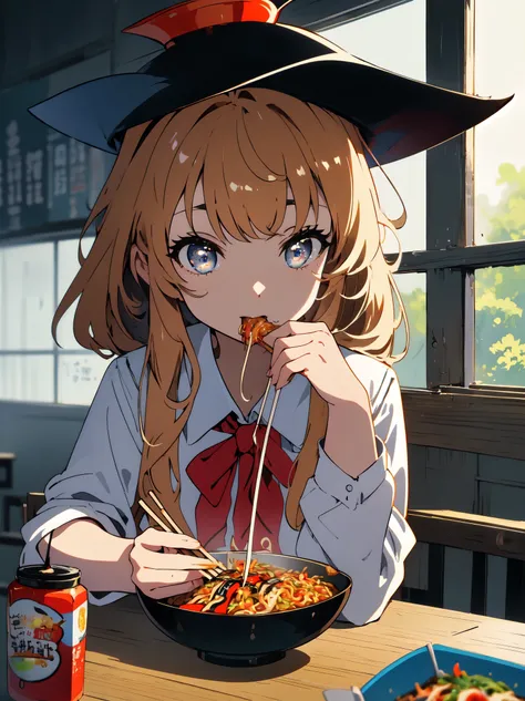 (highest quality, masterpiece, high resolution, High resolution)、(Shining eyes、detailed beautiful face)、1 girl、school uniform、mini skirt、bright look、(Payang sauce yakisoba)、(Eating yakisoba using a pair of chopsticks)、Classroom during lunch break、beautiful...