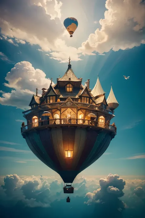 A dreamy-eyed , his face lit up with wonder, carefully sifts through shelves in a floating bookstore. The bookstore, set on a colorful hot air balloon, drifts through a cloud-filled sky. Each book the  draws out is teeming with whimsical illustrations and ...