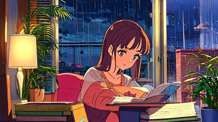 estudando em uma noite chuvosa no seu quarto sentado em sua cadeira lendo um livro, ela se concentra no seu livro enquanto o lo-fi preenche o ar, ajudando a manter sua mente focada enquanto chove em sua janela e a deixa relaxada com seu gato na janela esti...