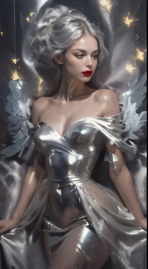 realistic image, best possible quality, adult woman, with her entire body in shiny metallic silver, her face is uncovered but he...