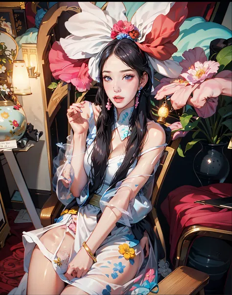 araffe girl sitting on a chair with a flower headpiece, lady with glowing flowers dress, ulzzang, bae suzy, sha xi, wearing pink...