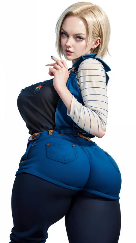 a cartoon picture of a woman in a blue overalls and a black shirt, android 18, full body portrait of a short!, female protagonist 👀 :8, !!full body portrait!!, fubuki, official character art, full body close-up shot, fullbody portrait, casual pose, render ...