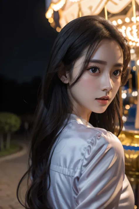 (8k, RAW photo, highest quality, masterpiece:1.2), (realistic, photo-realistic:1.37) , 1 girl, (carousel, night), Miao Xiaoji(secret_tea), detailed face, fine eyes,no makeup、high nose、vivid lighting